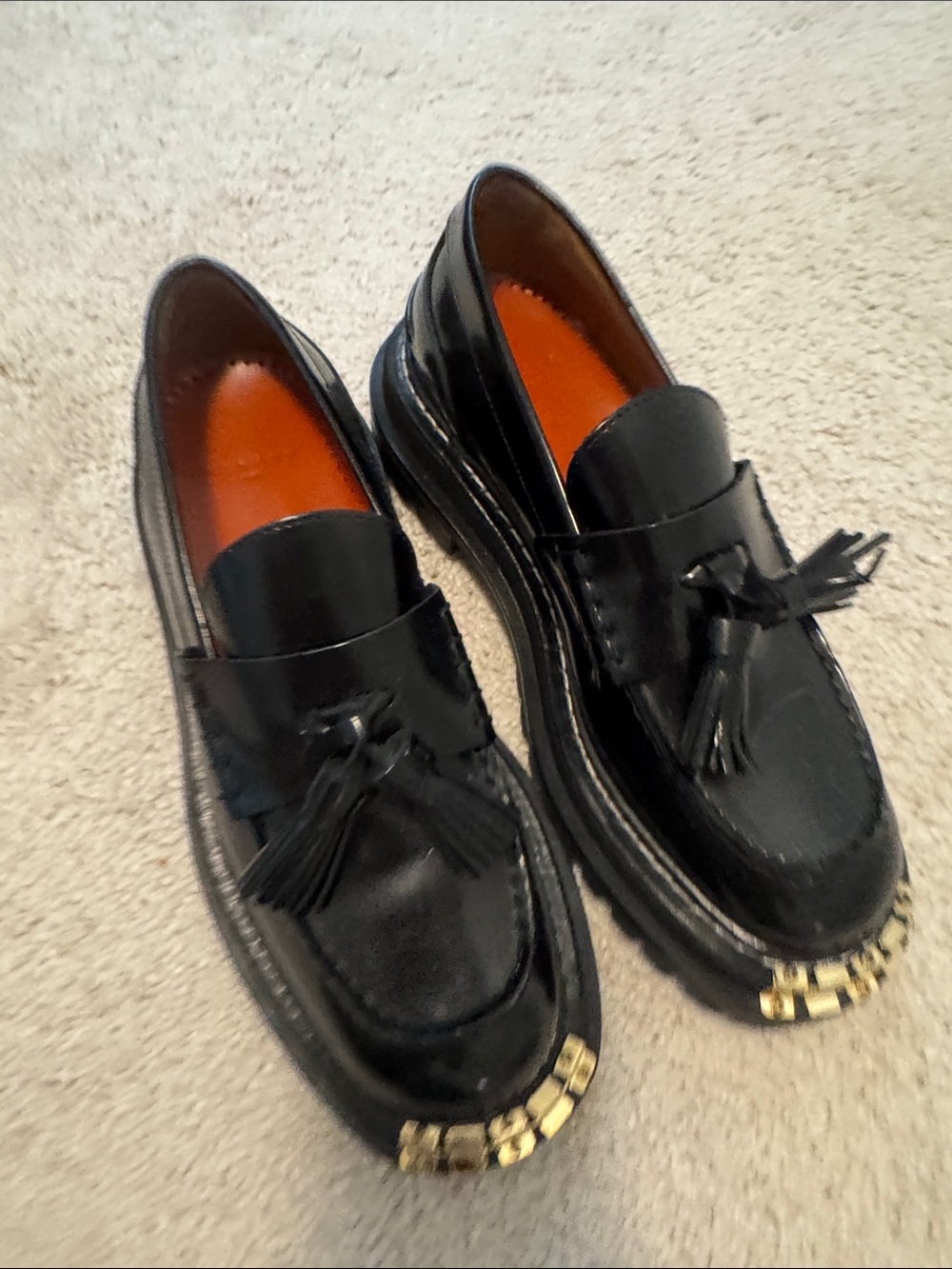 Sandro Black Leather Tassel Loafers with Gold Toe Detail